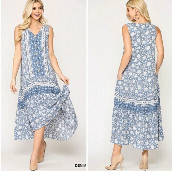 Gigio Plus L Floral Print mix ruffle dress‎ High Low Sleeveless Blue - Picture 1 of 4